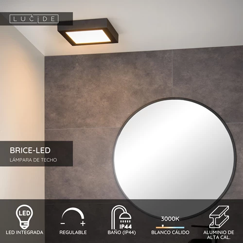 Lucide BRICE-LED - Lámpara de techo Baño - LED Regul. - 1x22W 3000K - IP44 - Negro - USP